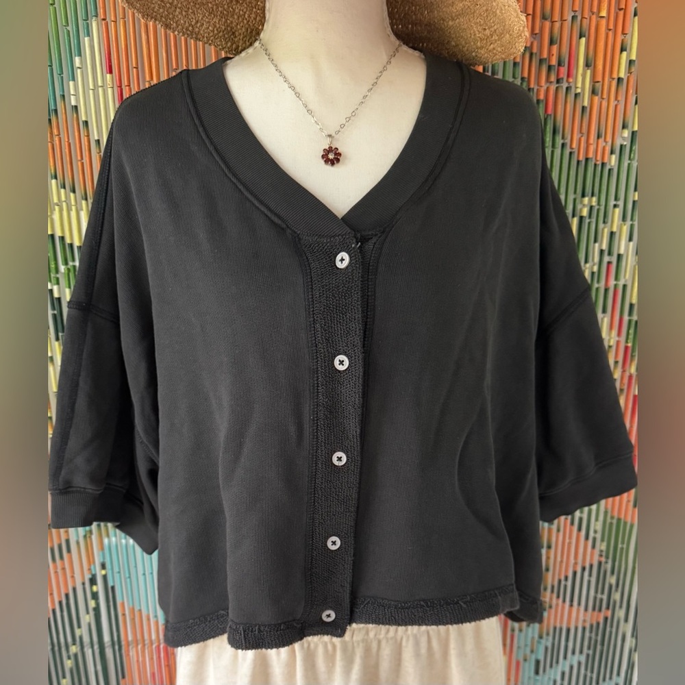 Free People Black Ribbed Trim Pullover
